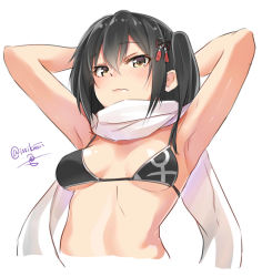 Rule 34 | 10s, 1girl, armpits, arms behind head, arms up, bikini, black bikini, black hair, blush, breasts, brown eyes, embarrassed, eyebrows, hair between eyes, hair ornament, hairpin, isshiki (ffmania7), kantai collection, looking at viewer, medium breasts, scarf, sendai (kancolle), sendai kai ni (kancolle), serious, short hair, simple background, solo, swimsuit, underboob, upper body, wavy mouth, white background, white scarf