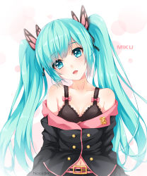 Rule 34 | 1girl, belt, black bra, black skirt, blue eyes, blue hair, bra, breasts, character name, cleavage, collarbone, hair ornament, hatsune miku, head tilt, long hair, looking at viewer, navel, noodle-y, open mouth, pink bra, pleated skirt, skirt, small breasts, solo, twintails, underwear, very long hair, vocaloid, white background