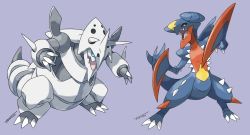 Rule 34 | aggron, armor, claws, creatures (company), dragon, fangs, full armor, game freak, garchomp, gen 3 pokemon, gen 4 pokemon, horns, mega aggron, mega garchomp, mega pokemon, nintendo, no humans, official style, pokemon, pokemon (creature), simple background, tail