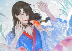 Rule 34 | 1boy, absurdres, bad id, bad twitter id, black hair, blood, blood from mouth, chinese clothes, commentary, commission, cuts, delia740, dying, english commentary, eyeshadow, fish, highres, indie virtual youtuber, injury, koi, long hair, looking down, makeup, male focus, open hands, parted lips, red eyeshadow, second-party source, skeb commission, solo, underwater, virtual youtuber, zhaoren