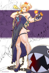Rule 34 | 1girl, armlet, bare shoulders, black collar, black dress, black nails, blonde hair, blue eyes, bob-omb, bomb, borrowed design, bowsette, bracelet, breasts, breath weapon, breathing fire, chain, chain chomp, cleavage, collar, crown, dress, earrings, explosive, fingernails, fire, from below, gender request, genderswap, high heels, highres, holding, horns, jewelry, large breasts, mario (series), muscular, muscular female, nail polish, new super mario bros. u deluxe, nintendo, rejean dubois, sharp fingernails, sharp teeth, solo, spiked armlet, spiked bracelet, spiked collar, spiked shell, spiked tail, spikes, standing, strapless, strapless dress, super crown, tail, teeth, thigh strap, transformation, turtle shell