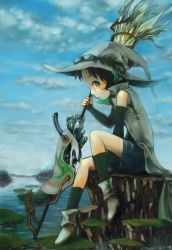 Rule 34 | 1girl, broom, female focus, goggles, goggles on head, hat, highres, kiitos, original, outdoors, profile, sitting, skirt, solo, witch, witch hat