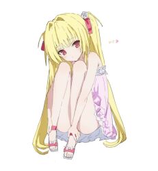 Rule 34 | 1girl, bare shoulders, blonde hair, blush, dress, expressionless, full body, heart, knees to chest, konjiki no yami, long hair, looking at viewer, nitrio, pink dress, red eyes, simple background, sketch, solo, to love-ru, to love-ru darkness, two side up, very long hair, white background