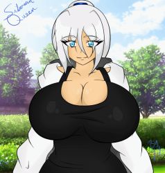 Rule 34 | 1girl, animated, aqua eyes, bouncing breasts, breasts, coat, emofuri, eyelashes, female focus, huge breasts, looking at viewer, nature, outdoors, ponytail, siberian queen, signature, smile, solo, tree, white hair