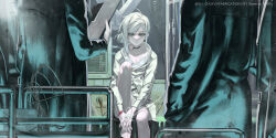 Rule 34 | 1girl, 2others, absurdres, ambiguous gender, barefoot, black choker, black coat, blue eyes, choker, clipboard, coat, commentary, hair bun, highres, holding, holding clipboard, hospital, indoors, intravenous drip, jacket, long sleeves, looking at viewer, monitor, multiple others, parted lips, reverse:1999, single side bun, sitting, solo focus, stitches, su xiao jei, symbol-only commentary, vertin (reverse:1999), white hair, white jacket