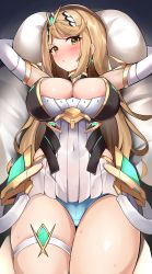 Rule 34 | 1girl, :o, absurdres, blonde hair, blue panties, blush, breasts, cleavage, dress, earrings, elbow gloves, enishi96, from below, gloves, highres, jewelry, large breasts, long hair, looking at viewer, lying, mythra (xenoblade), on back, open mouth, panties, solo, tiara, underwear, white dress, white gloves, xenoblade chronicles (series), xenoblade chronicles 2, yellow eyes