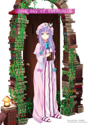 Rule 34 | 1girl, blue eyes, book, bow, crescent, door, dress, english text, female focus, hair bow, hat, lamp, nabeshima tetsuhiro, patchouli knowledge, plant, purple hair, solo, touhou, vines