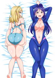 Rule 34 | 2girls, absurdres, ass, ass grab, barefoot, blonde hair, blue hair, blue one-piece swimsuit, bodysuit, braid, breasts, center opening, commentary, diving suit, gluteal fold, grabbing own ass, hair between eyes, high ponytail, highres, kneepits, kotokoto (jumon), large breasts, long hair, looking at viewer, love live!, love live! school idol festival, love live! sunshine!!, lying, matsuura kanan, multiple girls, navel, ohara mari, on back, on stomach, one-piece swimsuit, open bodysuit, open clothes, open mouth, purple eyes, raised eyebrows, round teeth, shiny skin, short hair, shoulder blades, smile, strap slip, swimsuit, teeth, thigh gap, unzipped, upper teeth only, wetsuit, yellow eyes, zipper pull tab