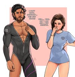 Rule 34 | 1boy, 1girl, abs, absurdres, asymmetrical clothes, beard, black bodysuit, black hair, blue eyes, blue shirt, bodysuit, border, breasts, brown eyes, brown hair, bulge, capcom, carlos oliveira, chest hair, commentary, couple, dark-skinned male, dark skin, english commentary, english text, facial hair, hand on own hip, height difference, hetero, highres, interracial, jill valentine, large pectorals, leg hair, looking at another, medium breasts, muscular, muscular male, naked shirt, naughty face, partially unzipped, pectoral cleavage, pectorals, pink background, resident evil, resident evil: revelations, resident evil 3, resident evil 3: nemesis, resident evil 3 (remake), shirt, short hair, single pantsleg, standing, t-shirt, tropero, white border