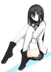 Rule 34 | 1girl, black hair, blazer, blue eyes, boots, bow, colored shadow, hair between eyes, hair ornament, hairclip, headphones, headphones around neck, hugging own legs, jacket, kauto, long hair, looking at viewer, original, ribbon, shadow, simple background, sitting, skirt, solo, thighhighs, white background, white thighhighs, zettai ryouiki