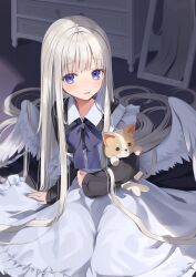 Rule 34 | 1girl, absurdres, angel, angel wings, apron, black dress, blue eyes, blush, chest of drawers, collared dress, commentary request, dress, feathered wings, fingernails, fuyoyo, grey hair, highres, hugging doll, hugging object, huion, long hair, long sleeves, maid, maid apron, mirror, neck ribbon, official art, on floor, open mouth, original, purple ribbon, ribbon, sidelocks, single off shoulder, solo, stuffed animal, stuffed dog, stuffed toy, sweatdrop, very long hair, white apron, white wings, wings