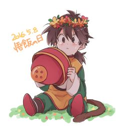 Rule 34 | 1boy, 2016, androgynous, black eyes, black hair, blush, boots, character name, child, chinese clothes, crown, crying, dragon ball, dragon ball (object), dragonball z, flower, grass, hat, highres, holding, holding clothes, holding hat, long hair, long sleeves, looking at viewer, male focus, ponytail, simple background, sitting, solo focus, son gohan, spiked hair, tail, tears, text focus, translation request, unworn hat, unworn headwear, white background