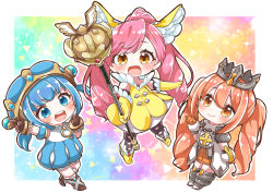 Rule 34 | 3girls, :d, absurdres, arm up, bare shoulders, black legwear, blue eyes, blue hair, blue headwear, blue skirt, blue sleeves, blush, boots, brown eyes, brown footwear, brown gloves, brown hair, chain, chibi, closed mouth, collared shirt, commentary request, copyright request, crown, detached sleeves, dress, elbow gloves, fur-trimmed gloves, fur trim, gloves, grey footwear, hat, high ponytail, highres, holding, holding staff, jako (jakoo21), multiple girls, open mouth, pink hair, puffy short sleeves, puffy sleeves, round teeth, shirt, short sleeves, skirt, sleeveless, sleeveless dress, sleeveless shirt, smile, staff, teeth, thighhighs, thighhighs under boots, twintails, upper teeth only, white dress, white shirt, yellow dress, yellow footwear, yellow gloves