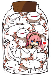 Rule 34 | 1girl, axolotl, blue eyes, bottle, chibi, headphones, heart, in bottle, in container, jar, long hair, megurine luka, mini person, minigirl, odd one out, salamander, simple background, starshadowmagician, vocaloid, what