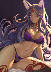 Rule 34 | 1girl, animal ears, aqua eyes, bare shoulders, blush, bra, breasts, circlet, cleavage, closed mouth, dark-skinned female, dark skin, eyeliner, fate/grand order, fate (series), forehead jewel, highres, large breasts, long hair, looking at viewer, makeup, mashuu (neko no oyashiro), navel, panties, parted bangs, purple bra, purple hair, purple panties, queen of sheba (fate), smile, solo, tail, thighhighs, thighs, underwear, underwear only, wolf ears, wolf tail
