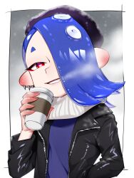 Rule 34 | 1girl, alternate costume, black headwear, black jacket, blue hair, border, cephalopod eyes, commentary request, cup, earrings, eyelashes, grey background, hair over one eye, hand in pocket, highres, holding, holding cup, jacket, looking at viewer, medium hair, nintendo, octoling, open clothes, open jacket, outside border, red eyes, red pupils, shiver (splatoon), smile, solo, splatoon (series), splatoon 3, standing, takagi (tkgiii), teeth, tentacle hair, thick eyebrows, tooth earrings, white border