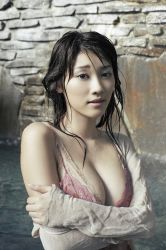 Rule 34 | 1girl, asian, blouse, bra, breasts, brown hair, cleavage, dripping, hara mikie, highres, japanese (nationality), large breasts, lingerie, long hair, photo (medium), pool, shirt, squeezing, standing, underwear, water, wet