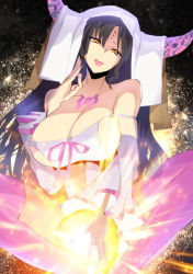 Rule 34 | 10s, 1girl, bare shoulders, between legs, black hair, blush, breasts, chest tattoo, cleavage, collarbone, detached sleeves, dress, facial mark, fate/extra, fate/extra ccc, fate (series), forehead mark, gown, habit, hand between legs, highres, horns, indian style, large breasts, long hair, looking at viewer, open mouth, pink legwear, revealing clothes, satou daiji, sessyoin kiara, sideboob, sitting, smile, solo, sparkle, spread legs, tattoo, thighs, tongue, tongue out, veil, very long hair, wavy hair, yellow eyes