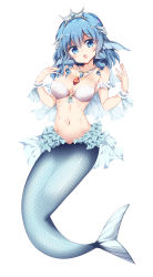Rule 34 | 1girl, bare arms, bare shoulders, bikini, bikini top only, blue eyes, blue hair, breasts, cleavage, commentary request, drill hair, fins, frills, full body, hands up, head fins, head tilt, highres, jewelry, looking at viewer, maturiuta sorato, medium breasts, mermaid, monster girl, navel, necklace, open mouth, scales, shell, shell bikini, simple background, solo, standing, stomach, swimsuit, tiara, touhou, wakasagihime, white background, white bikini, wrist cuffs