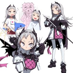 Rule 34 | 2girls, animal ears, arknights, black footwear, black gloves, boots, cat ears, cat girl, closed eyes, clothes writing, cutting hair, drooling, earrings, gloves, goldenglow (arknights), grey eyes, grey hair, headband, highres, holding, holding weapon, irene (arknights), jewelry, long hair, long sleeves, looking at viewer, mouth drool, multiple girls, multiple views, open mouth, pantyhose, scar, scar across eye, shirt, simple background, standing, t-shirt, weapon, white background, yachima tana