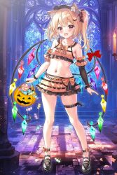 1girl :d animal_ear_fluff animal_ears armpit_crease bat_hair_ornament black_footwear blonde_hair bow breasts candle candy cat_ears collarbone commentary crop_top fang flandre_scarlet food full_body hair_ornament halloween halloween_bucket kemonomimi_mode lollipop looking_at_viewer miniskirt navel one_side_up open_mouth orange_bow orange_skirt red_bow red_eyes red_nails rikatan skindentation skirt small_breasts smile solo stained_glass stomach thigh_strap touhou wings