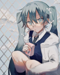 Rule 34 | 1girl, absurdres, bandaid, bandaid on face, bandaid on nose, black necktie, blue eyes, blue hair, blue sky, blue sweater, bow, chain-link fence, cloud, commentary, ear piercing, feet out of frame, fence, hair bow, hair ornament, hairclip, hatsune miku, highres, hood, hood down, hoodie, juice box, kineta, long hair, long sleeves, looking at viewer, necktie, parted lips, piercing, school uniform, sitting, sky, sleeves past wrists, solo, sweater, twintails, vocaloid, white bow, white hoodie