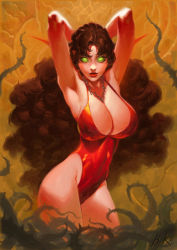 Rule 34 | 1girl, armpits, arms behind back, arms up, bare shoulders, blood elf (warcraft), breasts, brown hair, cleavage, closed mouth, commentary, covered navel, cowboy shot, elf, eyelashes, glowing, glowing eyes, green eyes, groin, highleg, highleg swimsuit, jewelry, jun sung kwak, large breasts, legs together, lipstick, long hair, looking at viewer, makeup, necklace, nose, one-piece swimsuit, original, plant, pointy ears, red lips, red one-piece swimsuit, signature, solo, swimsuit, thorns, vines