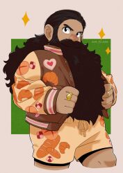 Rule 34 | 1boy, alternate costume, beard, beard over mouth, bread print, brown hair, brown jacket, brown shorts, cropped legs, dungeon meshi, dwarf, facial hair, food print, gabbvillamor, gold, highres, jacket, jewelry, leggings under shorts, letterman jacket, long beard, long hair, male focus, multiple rings, red nose, ring, senshi (dungeon meshi), short shorts, shorts, solo, sparkle background, thick mustache, v-shaped eyebrows, very long beard, very long hair, walking