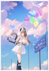 Rule 34 | 1girl, :d, absurdres, animal ears, artist name, ayan (1593817922), balloon, bare shoulders, blue ribbon, blue sky, border, breasts, brown hair, cat ears, cat girl, cat tail, cleavage, cloud, cloudy sky, collarbone, day, detached leggings, detached sleeves, dress, feet out of frame, genshin impact, green eyes, hair between eyes, hair ornament, hairclip, hand on own leg, heart, heart balloon, heart tail, highres, index finger raised, kirara (genshin impact), legs together, long hair, looking to the side, medium breasts, multiple tails, open mouth, outdoors, paper airplane, ribbon, short sleeves, sidelocks, signpost, simple bird, sky, sleeveless, sleeveless dress, smile, solo, sparkle, strap slip, tail, thighs, two tails, waist ribbon, white border, white dress, wrist cuffs
