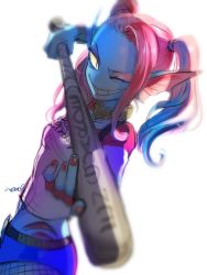 Rule 34 | 1girl, baseball bat, breasts, colored sclera, cosplay, dc comics, harley quinn, harley quinn (cosplay), highres, jacket, long hair, looking at viewer, makeup, multicolored hair, noah (tettsui-sole), shirt, short shorts, shorts, smile, solo, suicide squad, teeth, twintails, undertale, undyne, yellow sclera