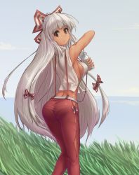 Rule 34 | 1girl, armpits, ass, bottle, bow, breasts, crop top, eyebrows, fujiwara no mokou, hair bow, hair ornament, hair ribbon, hater (hatater), highres, long hair, looking at viewer, looking back, no bra, non-web source, pants, pantylines, red eyes, ribbon, sideboob, silver hair, sleeveless, solo, suspenders, tan, thick eyebrows, touhou, very long hair, water bottle