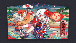 Rule 34 | 1girl, :d, arm up, asa no ha (pattern), bird, chicken, clothes writing, clothing request, collarbone, commentary request, confetti, egasumi, grey background, hair between eyes, hair ornament, hand fan, hands up, highres, holding, holding fan, japanese clothes, knees up, kouhaku nawa, looking at viewer, medium hair, mitsudomoe (shape), open mouth, original, outstretched arm, paper fan, platform footwear, red eyes, red sun, rooster, rope, sandals, sayagata, shimenawa, slit pupils, smile, solo, sunburst, terada tera, tomoe (symbol), translation request, uchiwa, white bird, white hair, wide sleeves, zouri