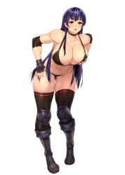Rule 34 | 1girl, 23 (real xxiii), :o, absurdres, bare shoulders, bikini, black bikini, black choker, black thighhighs, breasts, choker, cleavage, collarbone, elbow pads, fingerless gloves, full body, gloves, halterneck, highres, huge breasts, leaning forward, long hair, looking at viewer, mole, mole on breast, muscular, muscular female, navel, open mouth, purple hair, red eyes, ribbon-trimmed legwear, ribbon trim, same ningen, simple background, sofia (same ningen), solo, string bikini, sweat, swimsuit, thigh gap, thighhighs, toned, very long hair, white background