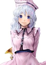 Rule 34 | 1girl, blue eyes, blue hair, breasts, geppewi, hat, head tilt, highres, holding, holding behind back, instrument, looking at viewer, matching hair/eyes, merlin prismriver, pink shirt, pink skirt, ribbon, shirt, simple background, skirt, small breasts, smile, solo, touhou, trumpet, white background