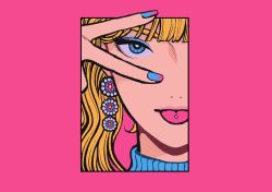 Rule 34 | 1girl, blonde hair, blue eyes, blunt bangs, border, earrings, eyeshadow, gradient nails, highres, jewelry, looking at viewer, makeup, minillustration, nail polish, original, outside border, piercing, pink background, pink border, solo, tongue piercing, v