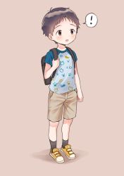Rule 34 | !, 1boy, :o, animal print, antenna hair, backpack, bag, black hair, black socks, blue shirt, blush, brown background, brown eyes, brown shorts, cat print, cat shirt, child, dot nose, from above, from side, full body, highres, male focus, multicolored socks, open mouth, original, paw print, paw print pattern, piko (pixiv), print shirt, red socks, shirt, shoes, short hair, shorts, simple background, socks, solo, speech bubble, spoken exclamation mark, standing, strap pull, velcro, velcro footwear, yellow footwear