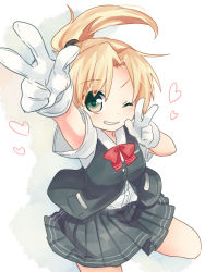 Rule 34 | 10s, 1girl, ;d, blonde hair, boots, buttons, collared shirt, cowboy shot, double v, dress shirt, gloves, green eyes, grin, heart, kantai collection, looking at viewer, maikaze (kancolle), nagasioo, one eye closed, open mouth, pleated skirt, ponytail, red footwear, shirt, short sleeves, simple background, skirt, smile, solo, standing, standing on one leg, teeth, v, vest, white background, white gloves, white shirt, wink