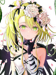 Rule 34 | 1girl, deathpolca, demons roots, elbow gloves, falling petals, flower, gloves, green eyes, green hair, hair flower, hair ornament, highres, long hair, looking at viewer, parted lips, petals, rose, side ponytail, solo, st1911, upper body, white background, white flower, white rose
