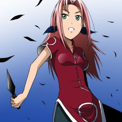 Rule 34 | 1girl, bike shorts, breasts, clenched teeth, collarbone, cowboy shot, dress, feathers, gradient background, green eyes, haruno sakura, headband, holding, holding weapon, kunai, long hair, looking to the side, naruto, naruto (series), parted lips, pink hair, red dress, short sleeves, shorts, side slit, small breasts, solo, spandex, takaya n, teeth, weapon, zipper