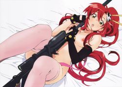 Rule 34 | 00s, 1girl, absurdres, anti-materiel rifle, bed, bed sheet, blush, breasts, chopsticks, elbow gloves, female focus, fingerless gloves, gloves, gun, hair ornament, hair stick, highres, long hair, looking at viewer, lying, navel, nipples, nude, nude filter, on back, open mouth, pink thighhighs, ponytail, red hair, rifle, sniper rifle, solo, tengen toppa gurren lagann, thighhighs, third-party edit, weapon, yellow eyes, yoko littner