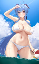 Rule 34 | 1girl, absurdres, ahoge, ball, beachball, bikini, blue hair, blue sky, blush, breasts, cleavage, closed mouth, curvy, from below, ganyu (genshin impact), genshin impact, goat horns, highres, horns, large breasts, long hair, looking at viewer, nail polish, navel, partially submerged, purple eyes, sandals, unworn sandals, sideboob, sigma 2018, sky, smile, solo, swimsuit, thighs, underboob, water, wet, white bikini, wide hips