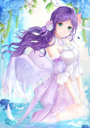 Rule 34 | 10s, 1girl, absurdres, angel wings, arm garter, blue flower, butterfly hair ornament, collar, dress, flower, from side, full body, green eyes, hair flower, hair ornament, hair ribbon, hands on thighs, highres, in water, kneeling, long hair, looking at viewer, love live!, love live! school idol festival, love live! school idol project, oretsuu, pink dress, plant, purple hair, ribbon, smile, solo, tojo nozomi, v arms, wings, x hair ornament