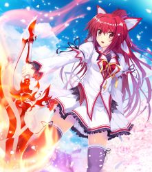 Rule 34 | 1girl, black thighhighs, blue sky, breasts, cherry blossoms, cloud, fire, fire, flaming sword, flaming weapon, game cg, highres, koiken otome, looking at viewer, medium breasts, official art, ponytail, red eyes, red hair, school uniform, skindentation, sky, sword, tateha (marvelous grace), thighhighs, third-party source, weapon, yasukuni akane, zettai ryouiki