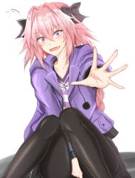 Rule 34 | 1boy, astolfo (fate), astolfo (memories at trifas) (fate), black bow, black legwear, black skirt, blush, bow, braid, casual, collarbone, commentary request, drawstring, fang, fate/apocrypha, fate (series), feet out of frame, flying sweatdrops, hair between eyes, hair bow, hair intakes, highres, hood, hooded jacket, jacket, knees together feet apart, knees up, long braid, long hair, long sleeves, looking at viewer, male focus, miniskirt, official alternate costume, open clothes, open jacket, open mouth, pantyhose, pink hair, pom pom (clothes), purple eyes, purple jacket, purple shirt, shirt, sidelocks, simple background, sitting, skin fang, skirt, skirt tug, striped clothes, striped shirt, sweat, thighs, trap, watarase piro, white background, white shirt