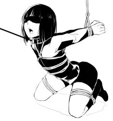 Rule 34 | 1boy, bdsm, bishounen, blindfold, blunt bangs, bob cut, bondage, bound, bound legs, bound wrists, collar, collar tug, greyscale, kneeling, locon, male focus, monochrome, open mouth, original, restrained, rope, saliva, saliva trail, salvia, simple background, solo, teeth, tongue, tongue out, uniform, upper teeth only, white background
