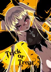 Rule 34 | 1girl, blazblue, blonde hair, dutch angle, elbow gloves, english text, gloves, halloween, highres, long hair, moon, no panties, pink eyes, rachel alucard, slit pupils, solo, trick or treat, twintails
