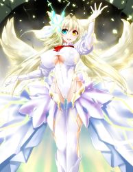 Rule 34 | 1girl, absurdres, animal ears, blonde hair, blue eyes, breasts, covered erect nipples, covered navel, gloves, gluteal fold, hair between eyes, heterochromia, highres, juliet sleeves, large breasts, leotard, long hair, long sleeves, looking at viewer, minarai tenna, multiple tails, neck ribbon, original, petals, puffy sleeves, red ribbon, ribbon, smile, solo, standing, tail, thigh gap, thighhighs, two tails, very long hair, white gloves, white leotard, white thighhighs, yellow eyes
