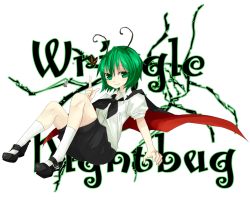 Rule 34 | 1girl, amaya enaka, antennae, bad id, bad pixiv id, bug, butterfly, cape, character name, female focus, floating, full body, green eyes, green hair, highres, bug, mary janes, matching hair/eyes, pointing, shoes, short hair, smile, solo, tentani, touhou, transparent background, wriggle nightbug