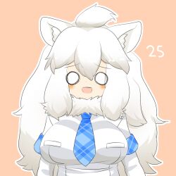 Rule 34 | 1girl, ahoge, animal ear fluff, animal ears, blue necktie, blush, breasts, commentary request, elbow gloves, fur collar, gloves, hair between eyes, kemono friends, large breasts, lets0020, lion ears, lion girl, long hair, looking at viewer, medium bangs, necktie, numbered, o o, open mouth, orange background, plaid necktie, shirt, short sleeves, simple background, solo, teeth, upper body, upper teeth only, white gloves, white hair, white lion (kemono friends), white shirt