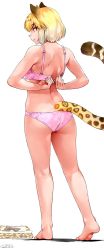 Rule 34 | 10s, 1girl, animal ears, ass, back, bare legs, barefoot, blonde hair, bra, clasping bra, dated, from behind, full body, happa (cloverppd), highres, jaguar (kemono friends), jaguar ears, jaguar tail, kemono friends, open bra, panties, pink bra, pink panties, profile, short hair, simple background, solo, standing, tail, underwear, underwear only, unfastened, white background